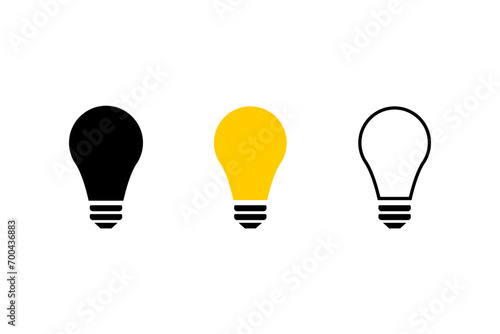 Lightbulb icon on light background. Idea symbol. Electric lamp, light, innovation, solution, creative thinking, electricity. Outline, flat and colored style. Flat design