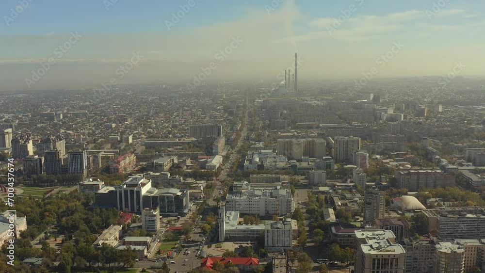 Picture of A bird's-eye view of the city of Bishkek. Polluted air. High-rise ...