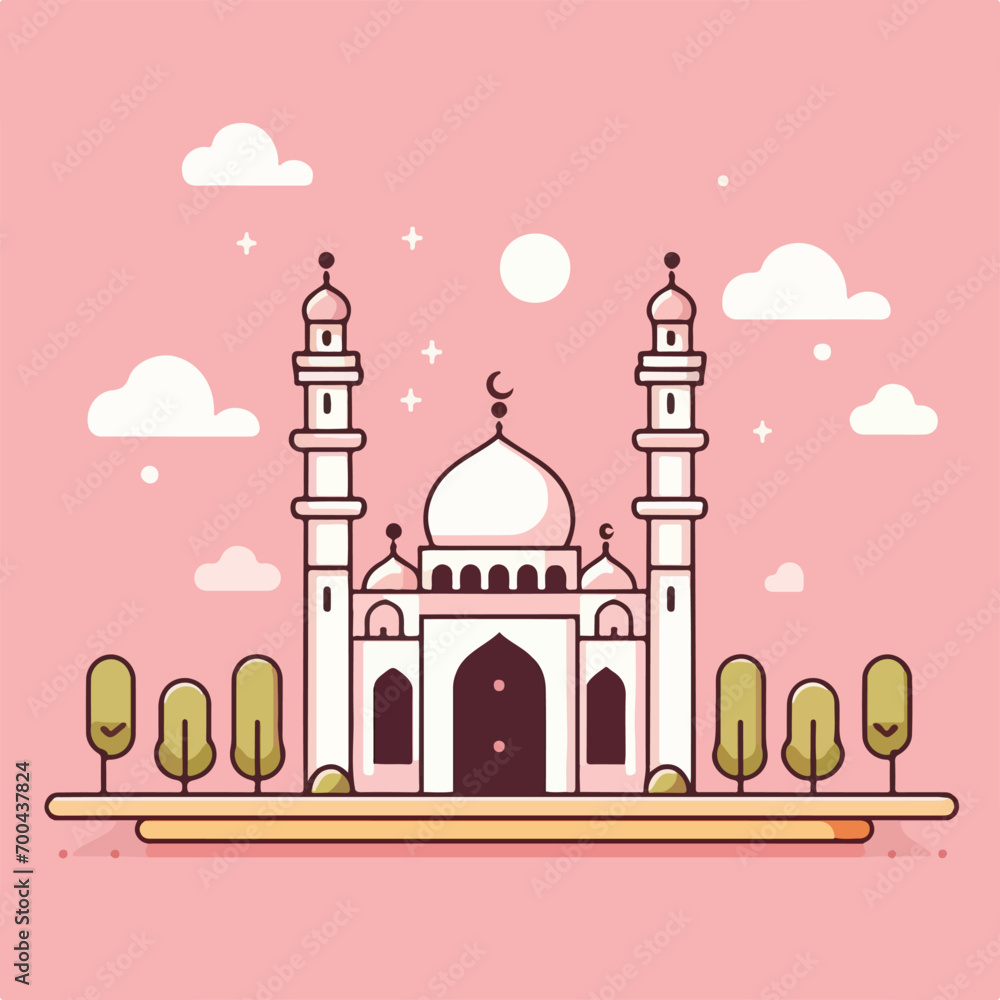A flat design of a mosque with a crescent above it. Suitable for Islamic event invitations, Eid greetings, and cultural diversity illustrations. Perfect for religious themed graphic designs.
