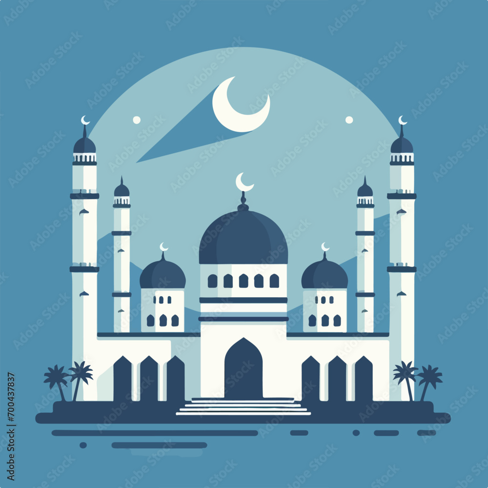 A flat design of a mosque with a crescent above it. Suitable for Islamic event invitations, Eid greetings, and cultural diversity illustrations. Perfect for religious themed graphic designs.