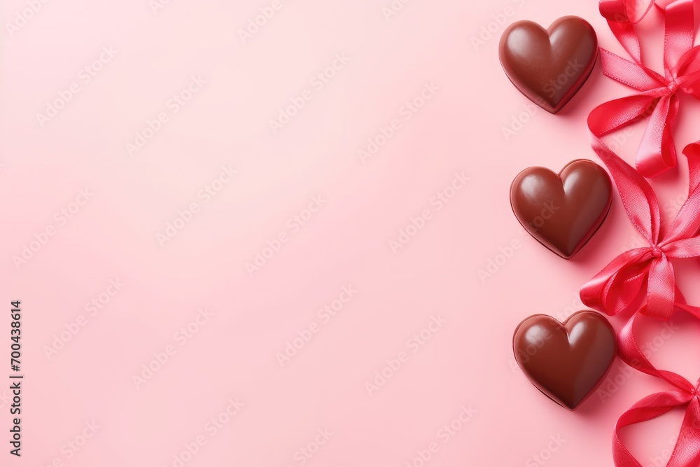 Chocolate hearts with a red ribbon on a pink background