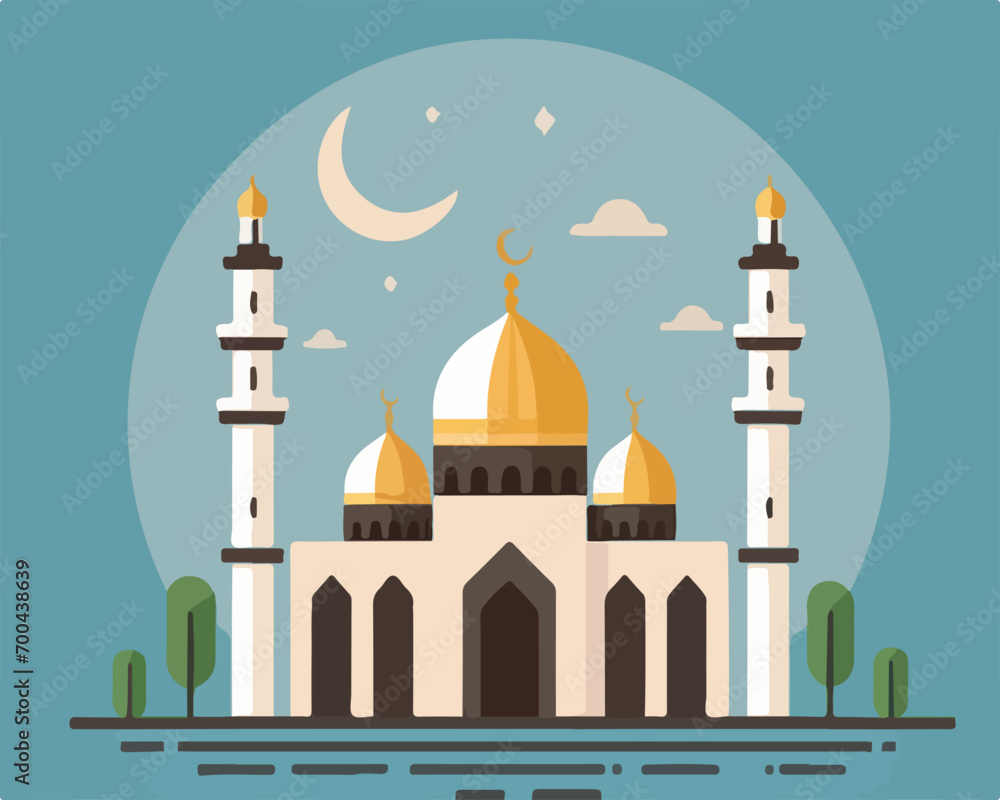 A flat design of a mosque. Suitable for Islamic event invitations, Eid greetings, and cultural diversity illustrations. Perfect for religious themed graphic designs.