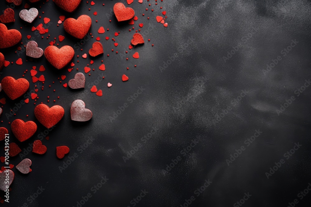 A bunch of red and pink hearts on a black background