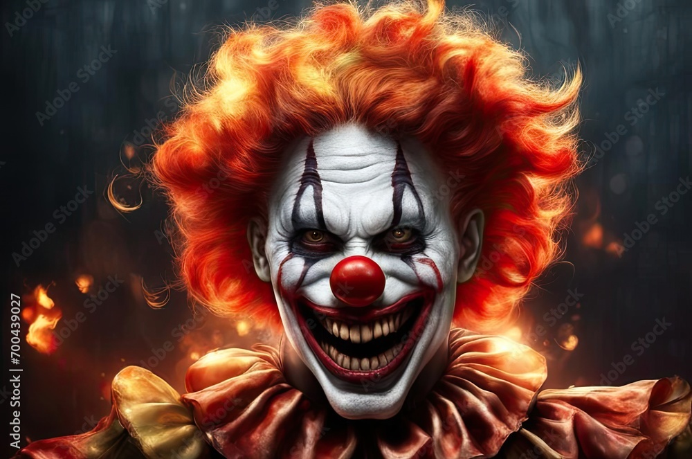 A scary photorealistic clown with fiery hair and a white, made-up face. An evil smile. A scary photorealistic clown with fiery hair and a white, made-up face. An evil smile.