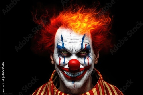 A scary photorealistic clown with fiery hair and a white  made-up face. An evil smile.