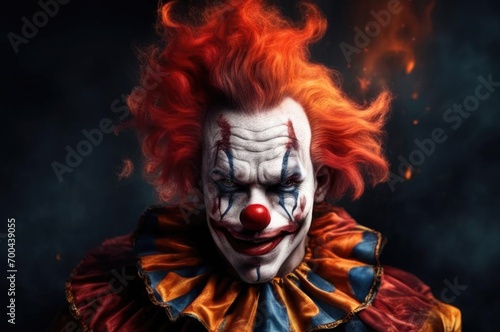 A scary photorealistic clown with fiery hair and a white  made-up face. An evil smile.
