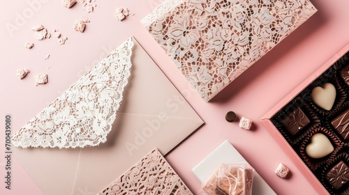 an assortment of love letters with intricate lace envelopes, placed next to a box of chocolates on a pastel pink background