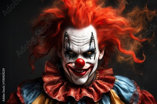 A scary photorealistic clown with fiery hair and a white, made-up face. An evil smile.