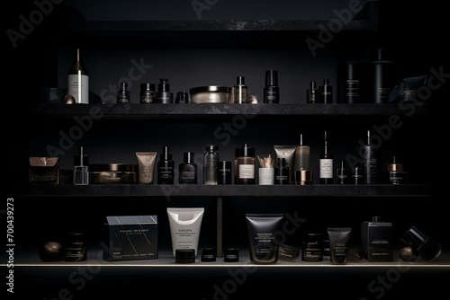 Dark retail display with beauty items: bottles, boxes, tubes, and personal care products. Generative AI