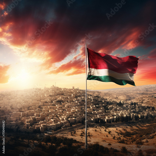 The city of Jerusalem with sunset and the flag of Palestine, Generate AI. © Yuliana