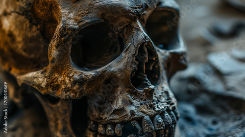 Detailed Close-Up of an Ancient Human Skull at an Archaeological Excavation Site, Capturing the Mystery and History of Early Civilizations