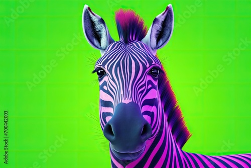Zebra with stylish magenta stripes on a green backdrop