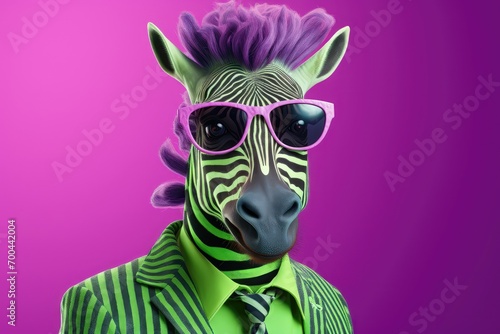 Stylish zebra in suit and sunglasses  vibrant purple.