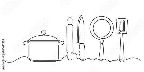 Kitchen utensils. continuous line drawing of kitchen tools, kitchen elements, kitchen equipment, and cooking tool illustration.Cutlery, teapot with cup, cooking utensil, and kitchen tools vector .