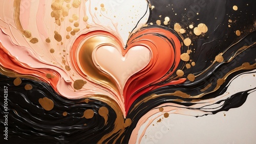 The image features a heart shape created with smooth strokes of gold, peach glitter and red liquid on a black and gold background with flowers. Valentine's Day, Mother's Day, Women's Day. Generative A