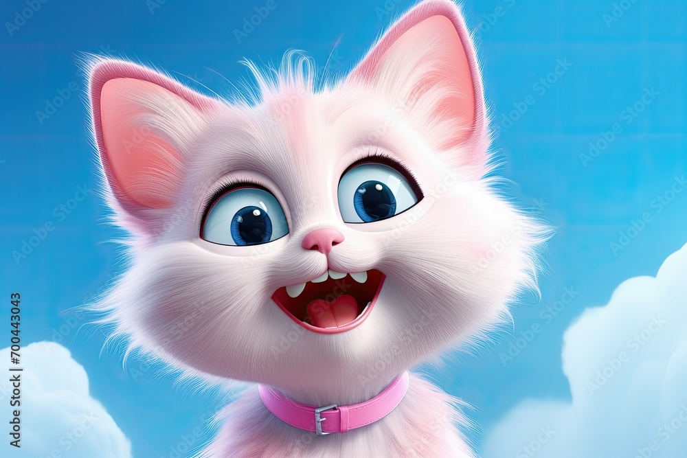 Fluffy pink kitten with blue eyes and pink collar, blue sky Fluffy pink kitten with blue eyes and pink collar, blue sky