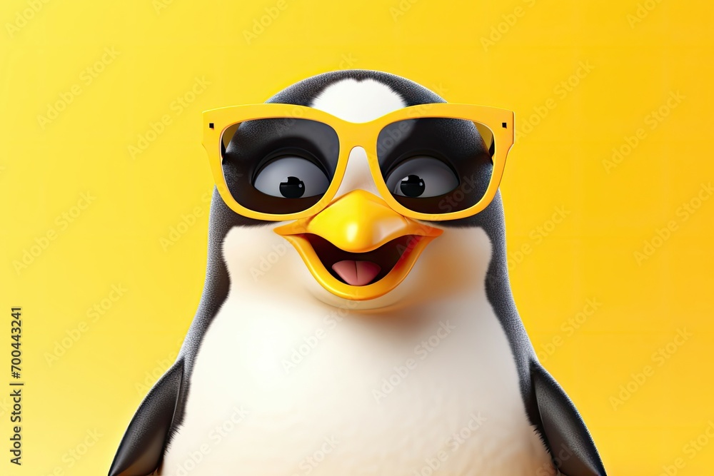 A cheerful penguin with large yellow sunglasses, yellow background - obrazy, fototapety, plakaty 