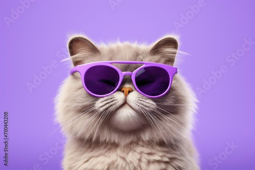 A smug-looking cat with oversized purple sunglasses on a purple backdrop