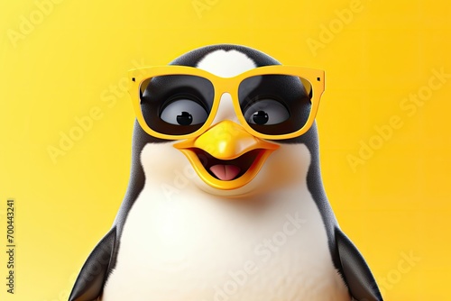 A cheerful penguin with large yellow sunglasses, yellow background photo