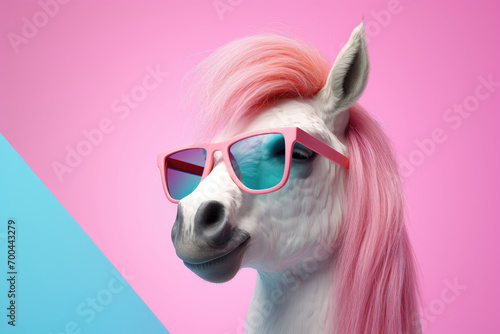 Stylish unicorn with pink hair and teal sunglasses, pink and blue split background photo