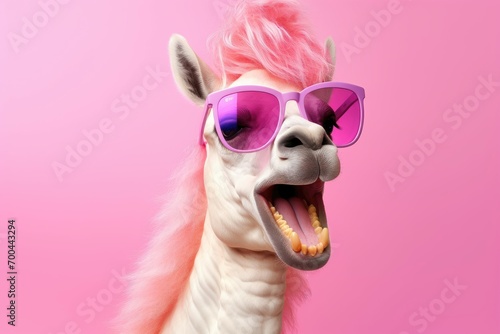 A white llama with a pink mohawk and purple sunglasses, pink background photo