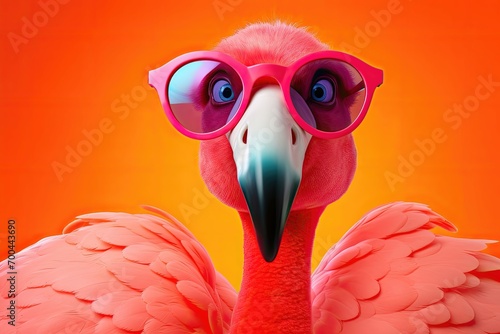 Bold flamingo in pink sunglasses, orange backdrop