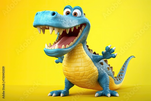 Blue crocodile standing with a wide smile on a yellow background