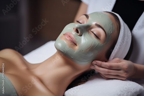 Cosmetologist applying clay mask onto young woman s face in salon  closeup. A client receiving revitalizing skincare on beauty salon. Cosmetology care