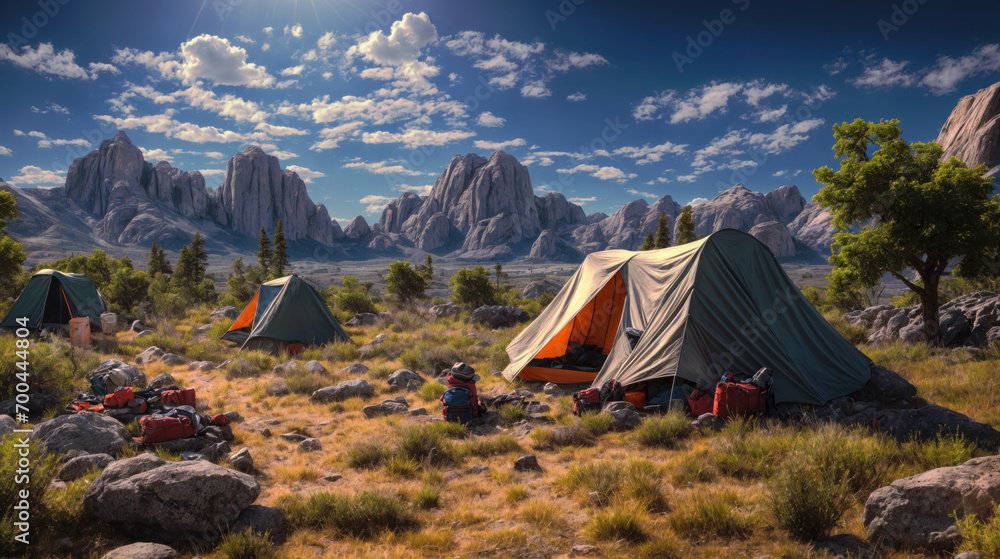 Campsite in a rugged mountain landscape.