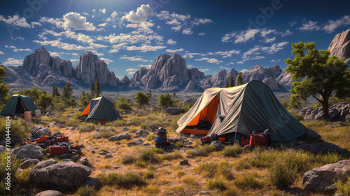Campsite in a rugged mountain landscape.