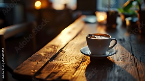 A white cup of coffee stands on a wooden table