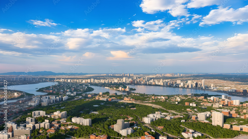 Green city, green roof, ecological city, urban planning, blue sky and white clouds