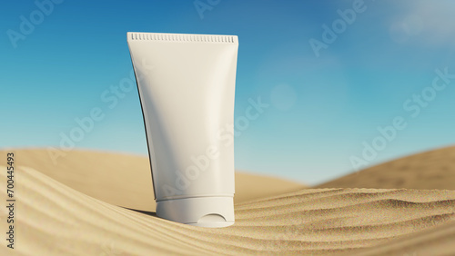 3D rendering mockup tube cream with no logo for sun protection on the sand in the desert location with sun rays.