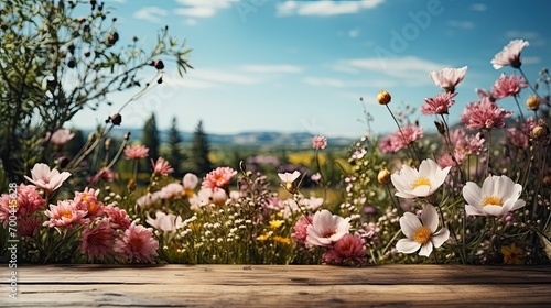 Flowers on an antique wooden background and nature  border design  vintage color tone - a conceptual flower of a spring or summer background  AI generative.