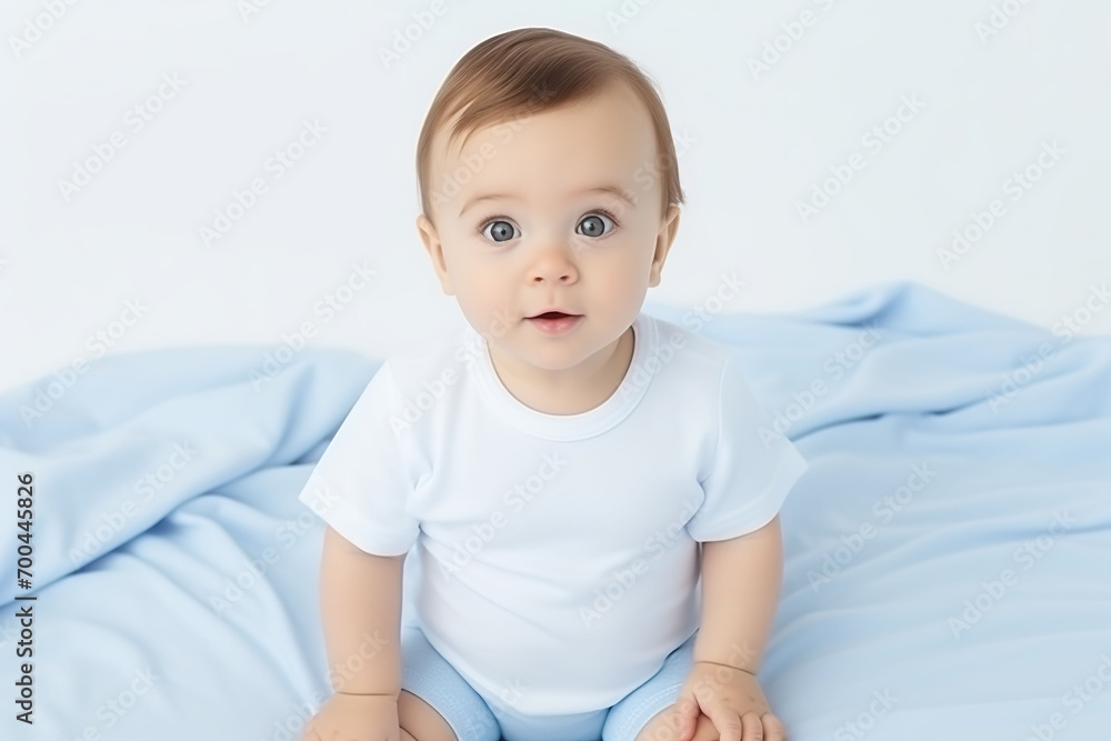 Cute little baby boy sitting on the bed. Baby t-shirt mockup.