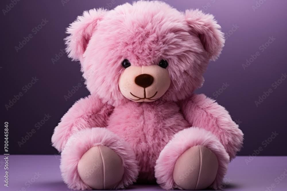 A cute pink teddy bear stuffed toy for kids on purple background