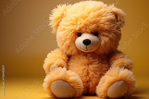 A cute yellow teddy bear stuffed toy for kids on yellow background © Anjali