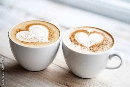 Cappuccino with heart shape on milk foam in white cup on wooden table.