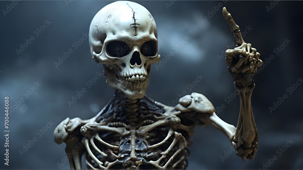 Epic alien skeleton commanding someone by showing his finger. Human ...