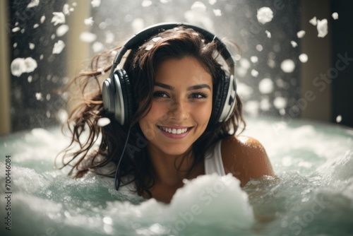 A beautiful happy smiling woman relaxes and listens to music with headphones in a bubble bath.