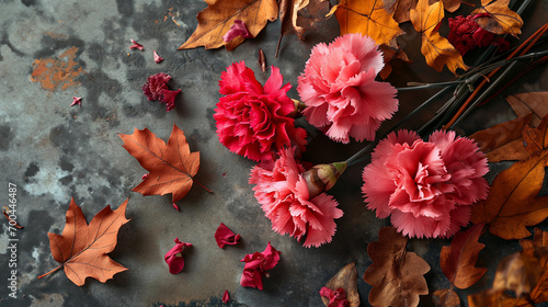 Carnation flower's top view on Autumn Leaves Background with Space for text. 