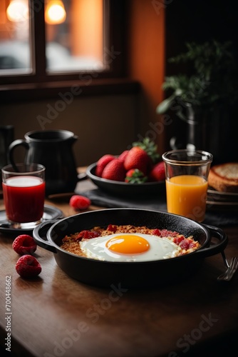 Delicious breakfast of scrambled eggs, fruits, juice on a black background. Food photos.