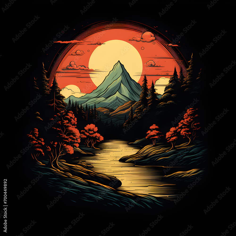 a vintage sunset illustration of a mountain with a river. Best for t-shirt design.