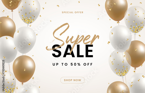 Gold color balloons background. Celebration party banner. Luxury greeting card. Birthday, Opening frame template, Flyer, Poster, Decor, Sale, Advertising. Isolated 3D realistic vector illustration.