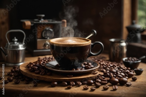 Close-up of a cup of hot fresh coffee beans on an atmospheric vintage dark background.