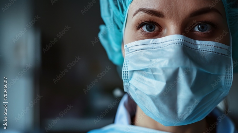 A female doctor is wearing a hygienic face surgical medical mask. Banner panorama medical staff preventive gear. copy space A female doctor is wearing a hygienic face surgical medical mask. Banner panorama medical staff preventive gear. copy space