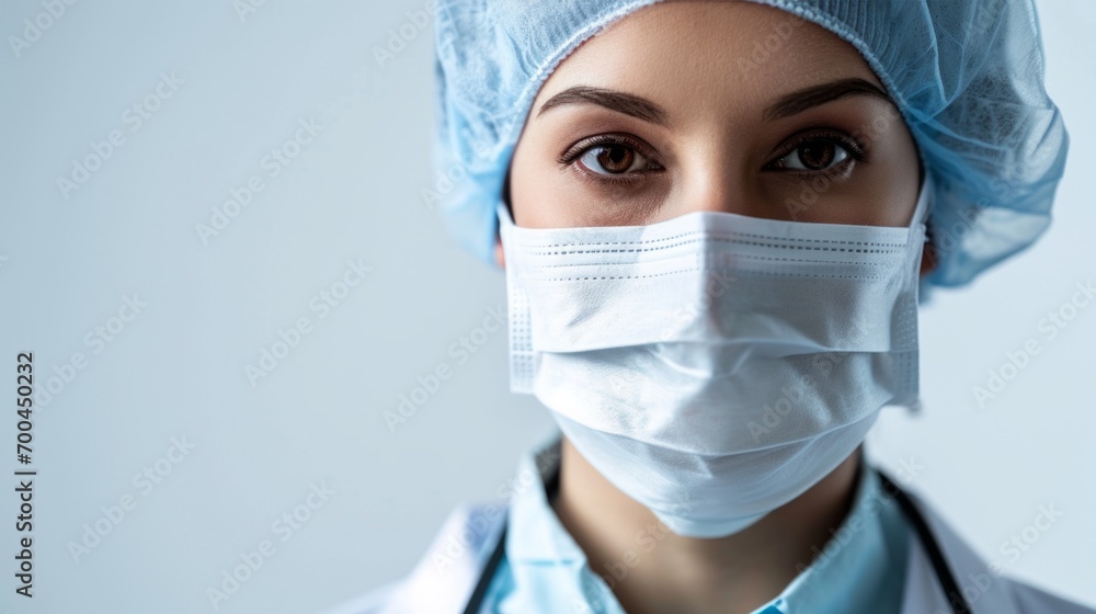 A female doctor is wearing a hygienic face surgical medical mask. Banner panorama medical staff preventive gear. copy space A female doctor is wearing a hygienic face surgical medical mask. Banner panorama medical staff preventive gear. copy space