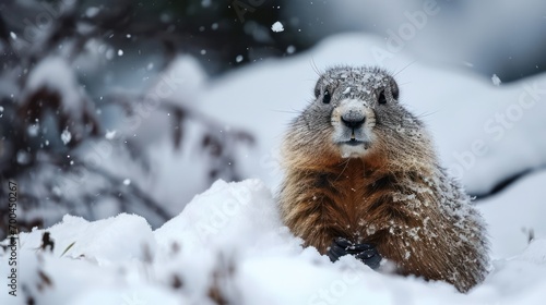 Photograph of a squirrel in its winter habitat, set against a scenic landscape. 