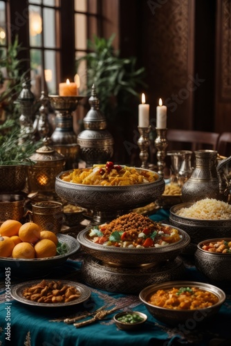 The festive table of Muslims for the day of Ramadan. Delicious national dishes  fruits and vegetables on the table.