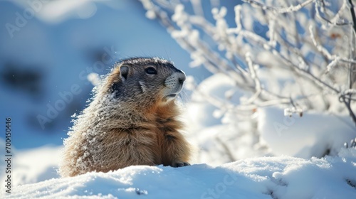 A winter landscape showcasing a squirrel in its habitat through animal photography. 